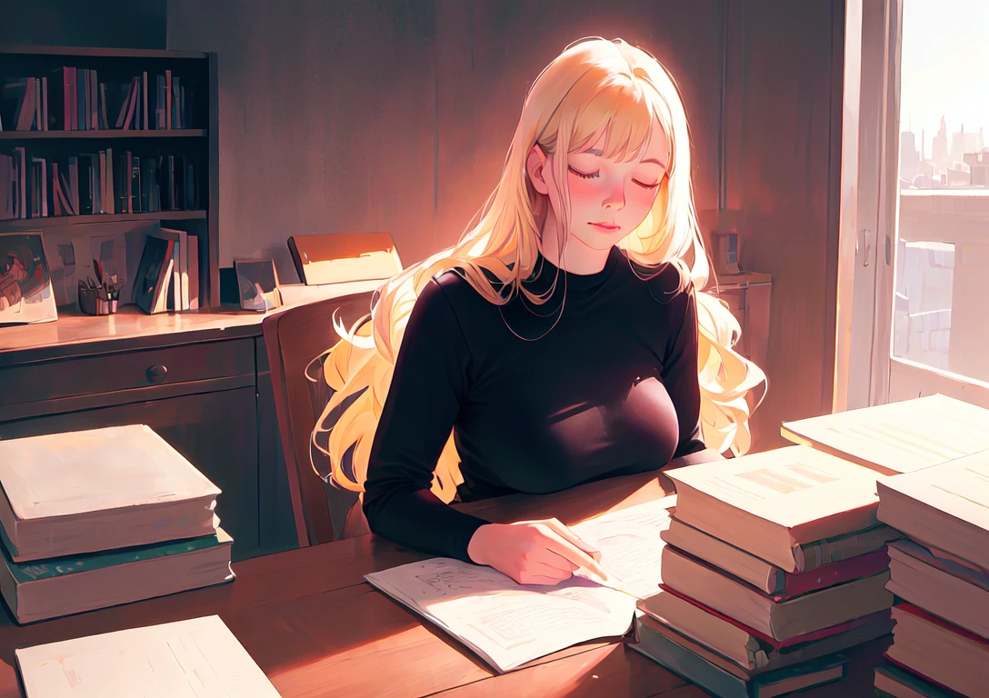 POV,from above,illustration,masterpiece, best quality, illustration, wallpaper, pov,(realistic:1.5), photorealistic, octane render,hyperrealistic,best quality,(8k), (4k),very long hair, (Masterpiece), (Best Quality),fantasy, extremely detailed, intricate, hyper-detailed,(perfect face), ,soft lighting,(extremly intricate lighting:1.4)
indoors,comfy,cosy,window,chair,sunset,desk,books on desk,18:00,city scenery out window
1girl,solo,aged:30,solo,mature female, very strong,very large breasts,thick arms,flat stomach,defined stomach,blonde hair,very broad shoulders,slightly thick thighs:0.7,thick hair,wavy hair,
black shirt, long sleeves,
closed eyes, sleeped,sitting on chair,relaxed,hiding hands,hands under desk
