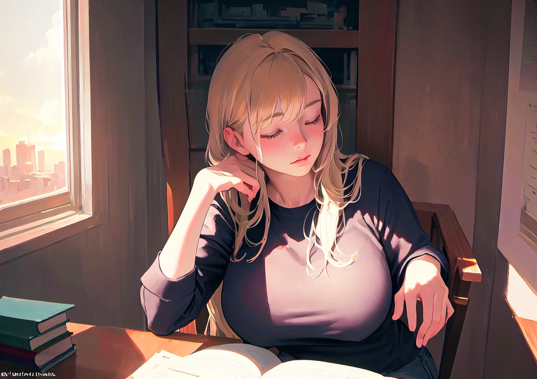 POV,from above,illustration,masterpiece, best quality, illustration, wallpaper, pov,(realistic:1.5), photorealistic, octane render,hyperrealistic,best quality,(8k), (4k),very long hair, (Masterpiece), (Best Quality),fantasy, extremely detailed, intricate, hyper-detailed,(perfect face), ,soft lighting,(extremly intricate lighting:1.4)
indoors,comfy,cosy,window,chair,sunset,desk,books on desk,18:00,city scenery out window
1girl,aged:30,solo,mature female, very strong,large breasts,thick arms,flat stomach,defined stomach,blonde hair,broad shoulders,slightly thick thighs:0.7
black shirt, long sleeves,
closed eyes, sleeping,sitting on chair,relaxed,hiding hands,hands under desk