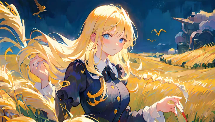 sneak shot , masterpiece, best quality, illustration,  blond hair ,long hair ,Vincent van Gogh ,wheatfield with crows

,looking at viewer, skinny, huge breasts,   moles on breast ,