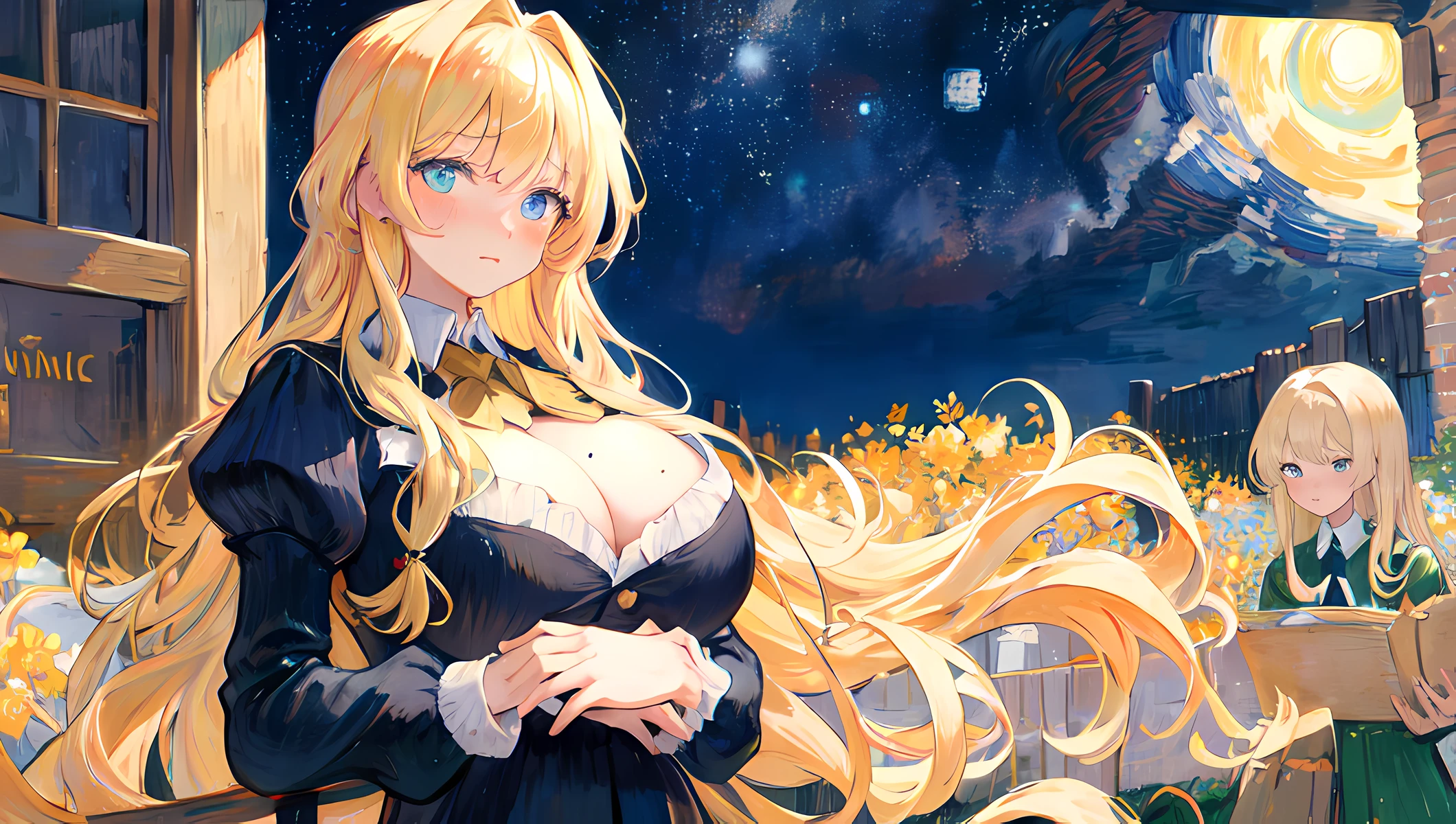 sneak shot , masterpiece, best quality, illustration, blond hair ,long hair ,Vincent van Gogh ,The Starry Night
,looking at viewer, skinny, huge breasts, moles on breast ,
