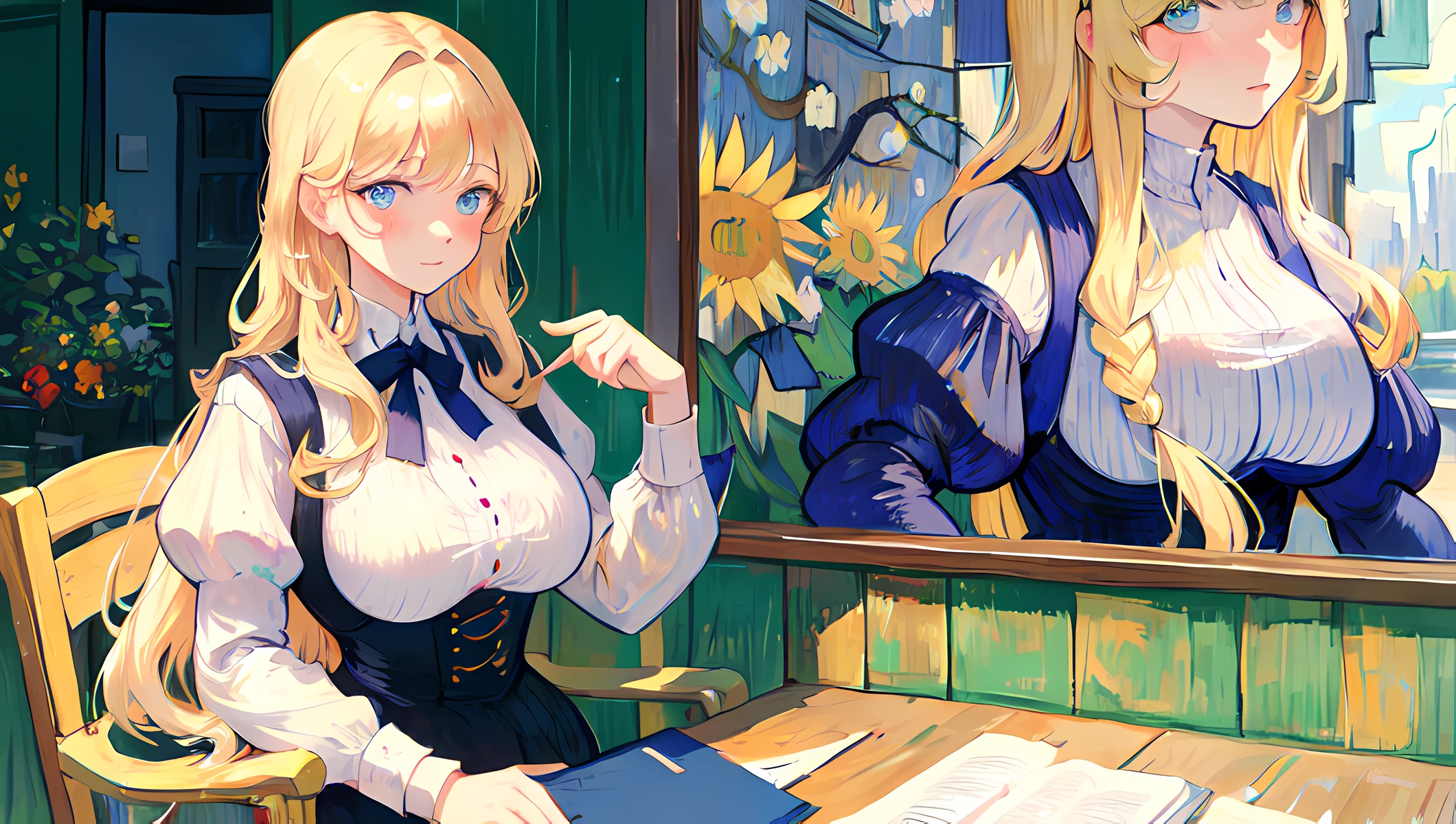 sneak shot , masterpiece, best quality, illustration, blond hair ,long hair ,Vincent van Gogh
,looking at viewer, skinny, huge breasts, moles on breast ,