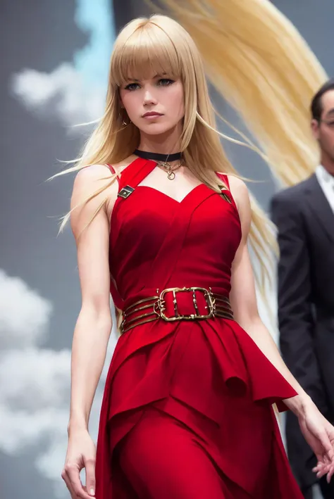 photo of (CL4UD1A5), a woman (as a high fashion model:1.2), (long blonde hair with bangs, eyeliner), (walking the catwalk:1.2), modelshoot style, (extremely detailed CG unity 8k wallpaper), photo of the most beautiful artwork in the world, professional majestic oil painting by Ed Blinkey, Atey Ghailan, Studio Ghibli, by Jeremy Mann, Greg Manchess, Antonio Moro, trending on ArtStation, trending on CGSociety, Intricate, High Detail, Sharp focus, dramatic, photorealistic painting art by midjourney and greg rutkowski, (waist chain), (fashion show:1.2), (public attending the show:1.2), (elegant red dress:1.2), (looking at viewer)