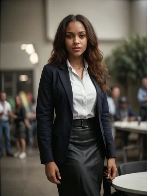 professional digital photo, tv_Akua_MXAI, (((Ultra-HD-details, Ultra-HD-detailed, Ultra-HD-realistic))), , , angry expression, wearing a pencil skirt, wearing a dress shirt, wearing a blazer, standing at the edge of a conference table, shot from below, ((cowboy shot)),, 8k resolution, highres, high detail, sharp focus, detailed skin, 8k uhd, bokeh, analog photography
