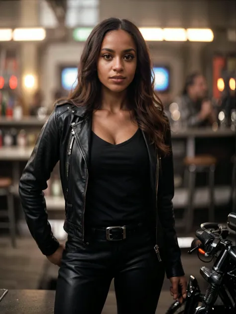 professional digital photo, tv_Akua_MXAI, (((Ultra-HD-details, Ultra-HD-detailed, Ultra-HD-realistic))), , , hard expression, wearing biker boots, wearing detailed leather pants, wearing a band t-shirt, wearing a leather jacket, standing at the bar in a biker bar, shot from the side,, 8k resolution, highres, high detail, sharp focus, detailed skin, 8k uhd, bokeh, analog photography