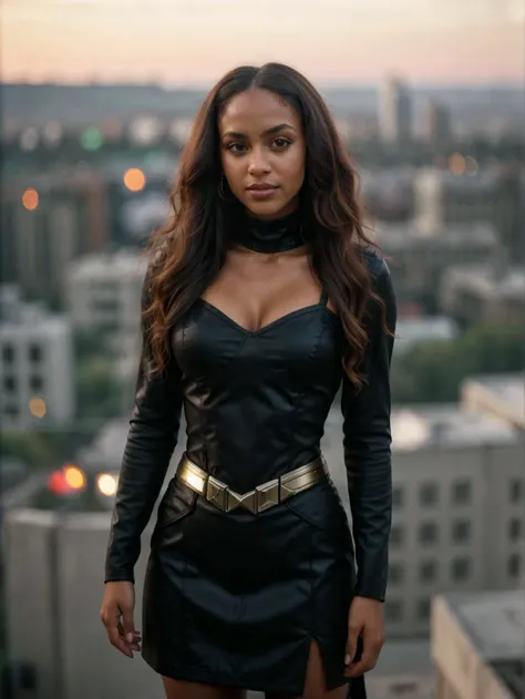 professional digital photo, tv_Akua_MXAI, (((Ultra-HD-details, Ultra-HD-detailed, Ultra-HD-realistic))), , , wearing a supergirl costume, standing on a rooftop, windblown hair, sunset in the background,, 8k resolution, highres, high detail, sharp focus, detailed skin, 8k uhd, bokeh, analog photography