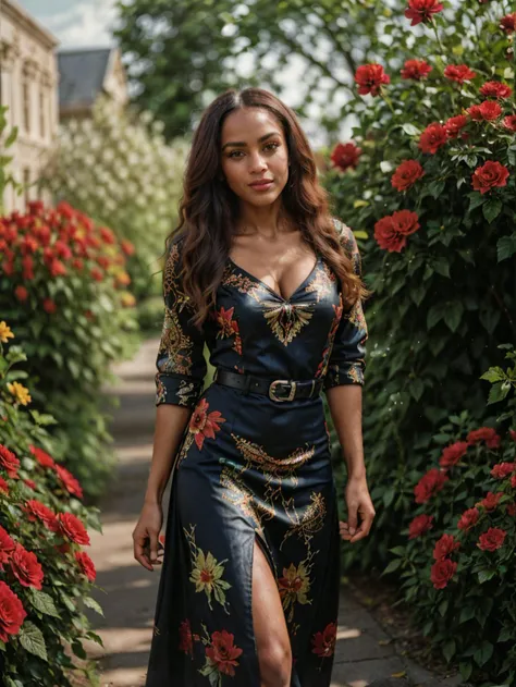 professional digital photo, tv_Akua_MXAI, (((Ultra-HD-details, Ultra-HD-detailed, Ultra-HD-realistic))), , , serene expression, wearing an elegant colorful summerdress, walking through an ornate rose garden, noon, summer, colorful butterflies, ((cowboy shot)),, 8k resolution, highres, high detail, sharp focus, detailed skin, 8k uhd, bokeh, analog photography