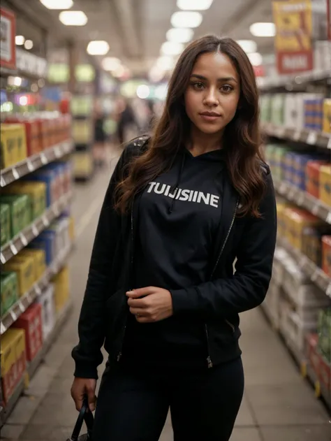 professional digital photo, tv_Akua_MXAI, (((Ultra-HD-details, Ultra-HD-detailed, Ultra-HD-realistic))), , , bored expression, wearing a hoodie, wearing yoga pants, wearing sneakers, in a supermarket, walking towards the camera, looking down,, 8k resolution, highres, high detail, sharp focus, detailed skin, 8k uhd, bokeh, analog photography