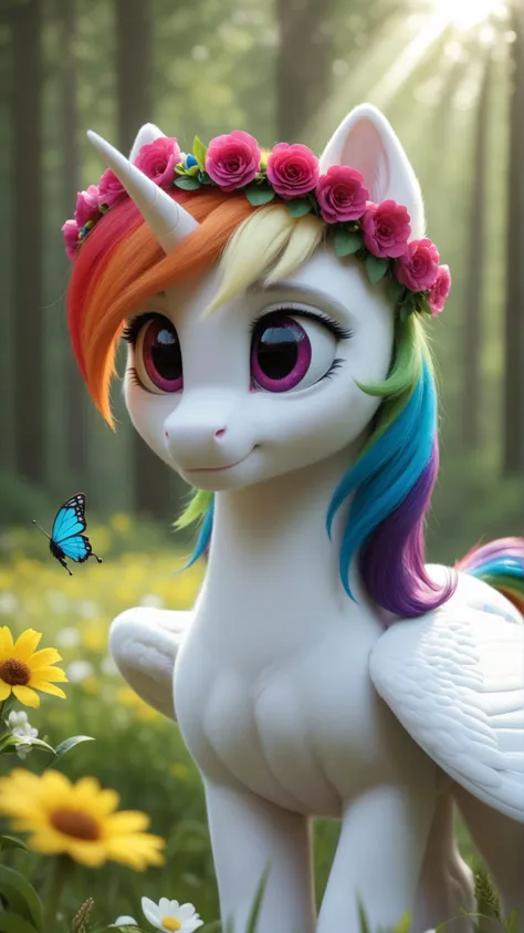 Masterpiece, best quality, high quality, highly detailed, a detailed portrait, solo, (female pony, unicorn, Pegasus, Earth pony, alicorn), (cute, adorable), (rainbow mane and tail), (wearing a flower crown), (playing with a butterfly), colorful, magical, forest, meadow, sunlight, soft focus, depth of field, bokeh: 1.2, score_9, score_8_up, score_7_up,