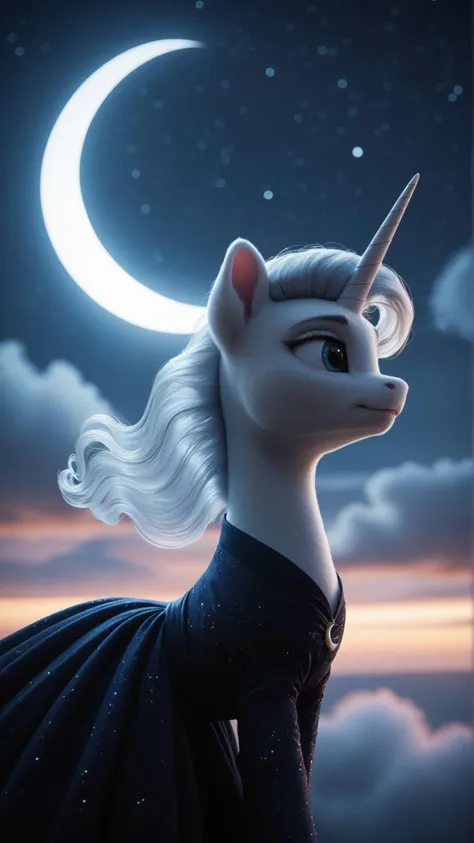 Masterpiece, best quality, high quality, highly detailed, a detailed portrait, solo, (female pony, unicorn), (elegant, ethereal), (silver mane and tail, iridescent), (wearing a gown made of moonlight), (floating above a starry night sky), crescent moon, stars, clouds, magical aura, soft focus, depth of field, bokeh: 1.5, score_9, score_8_up, score_7_up,