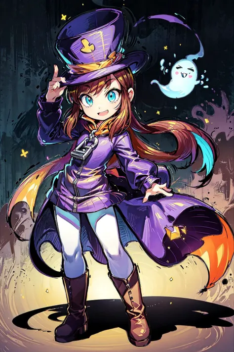 thick outlines, comics, photorealistic, perfect hands, masterpiece:1.2, colorful, 1girl, solo, <lora:Hat:0.7>, hkdef, purple dress, white pants, brown boots, top hat, yellow cape, zipper pull tab, detailed background, night, dark, halloween, ghost, black trees, mist, shadows, manor, mushrooms, pumpkins, ghosts, blue background, detailed face, detailed eyes, <lora:add_detail:0.7>