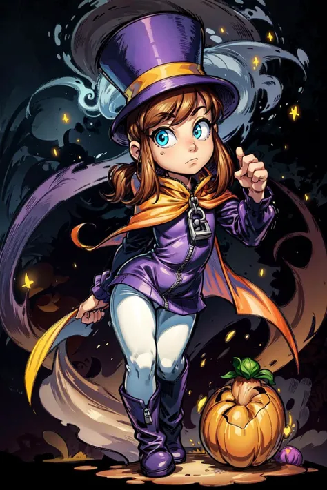 thick outlines, comics, photorealistic, perfect hands, masterpiece:1.2, colorful, 1girl, solo, <lora:Hat:0.7>, hkdef, purple dress, white pants, brown boots, top hat, yellow cape, zipper pull tab, detailed background, night, dark, halloween, ghost, black trees, mist, shadows, manor, mushrooms, pumpkins, ghosts, blue background, detailed face, detailed eyes, <lora:add_detail:0.7>