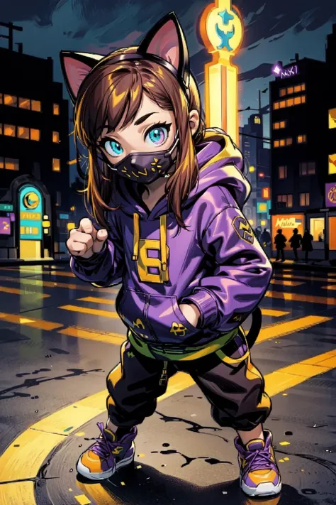 thick outlines, comics, photorealistic, perfect hands, masterpiece:1.2, colorful, 1girl, solo, <lora:Hat:0.7>, hknya, purple hoodie, yellow sleeves, black pants, cat ears, sneakers, face mask, detailed background, night, neon, city, black cats, hourglass, detailed face, detailed eyes, <lora:add_detail:0.7>