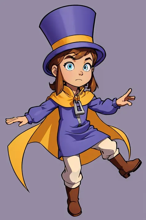 solo, 1girl, hkdef, purple dress, white pants, boots, top hat, yellow cape, zipper pull tab, simple background ,<lora:GoodHands-beta2:1>, <lora:Hat:0.7>