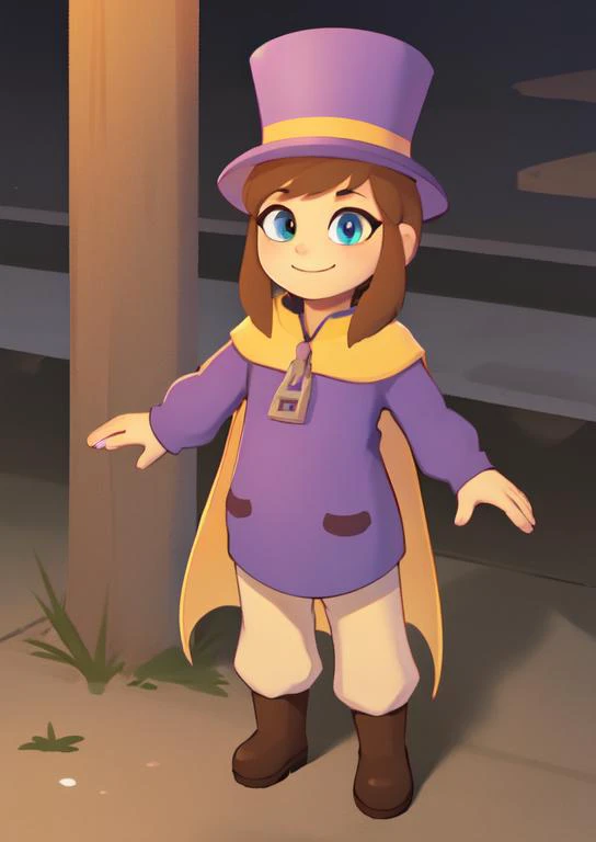 (masterpiece, best quality:1.2), extremely detailed, soft ambient lighting, sharp focus, 4K, BREAK <lora:Hat:0.8>, solo, 1girl, hkdef, purple dress, white pants, boots, top hat, yellow cape, zipper pull tab, BREAK outdoors, seaside town, looking at viewer, smiling, standing, <lora:(Concept) Slider Details Minimal:-1>