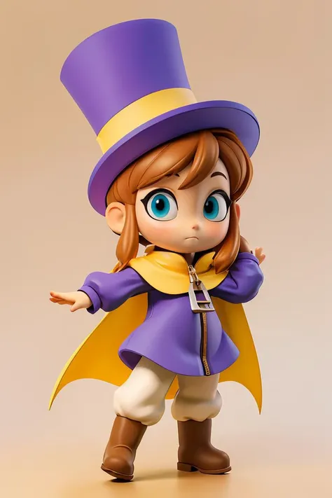 solo, 1girl, hkdef, purple dress, white pants, boots, top hat, yellow cape, zipper pull tab, simple background ,<lora:GoodHands-beta2:1>, <lora:Hat:0.7>.chibi