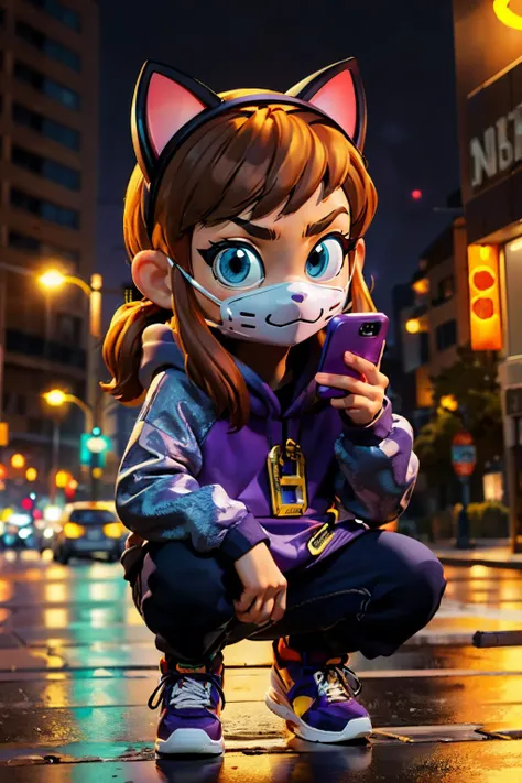 hknya, blue eyes, brown hair, purple hoodie, black pants, cat ears, sneakers, face mask,looking at viewer, serious, squatting, holding a cell phone, outside, city, sidewalk neon lighting, night time, high quality, masterpiece, <lora:Hat-10:.8>