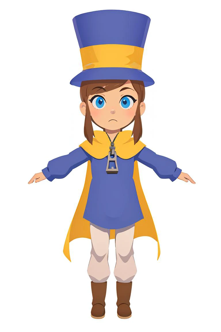 solo, 1girl, hkdef, purple dress, white pants, boots, top hat, yellow cape, zipper pull tab, simple background ,<lora:GoodHands-beta2:1>, <lora:Hat:0.7>