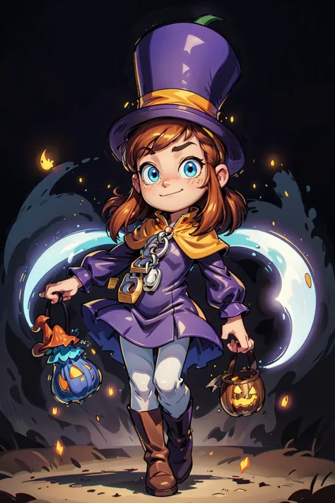 thick outlines, comics, photorealistic, perfect hands, masterpiece:1.2, colorful, 1girl, solo, <lora:Hat:0.7>, hkdef, purple dress, white pants, brown boots, top hat, yellow cape, zipper pull tab, detailed background, night, dark, halloween, ghost, black trees, mist, shadows, manor, mushrooms, pumpkins, ghosts, blue background, detailed face, detailed eyes, <lora:add_detail:0.7>