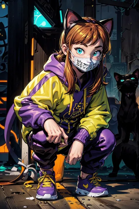 thick outlines, comics, photorealistic, perfect hands, masterpiece:1.2, colorful, 1girl, solo, <lora:Hat:0.7>, hknya, purple hoodie, yellow sleeves, black pants, cat ears, sneakers, face mask, detailed background, night, neon, metro, black cats, shadows, hourglass, detailed face, detailed eyes, <lora:add_detail:0.7>
