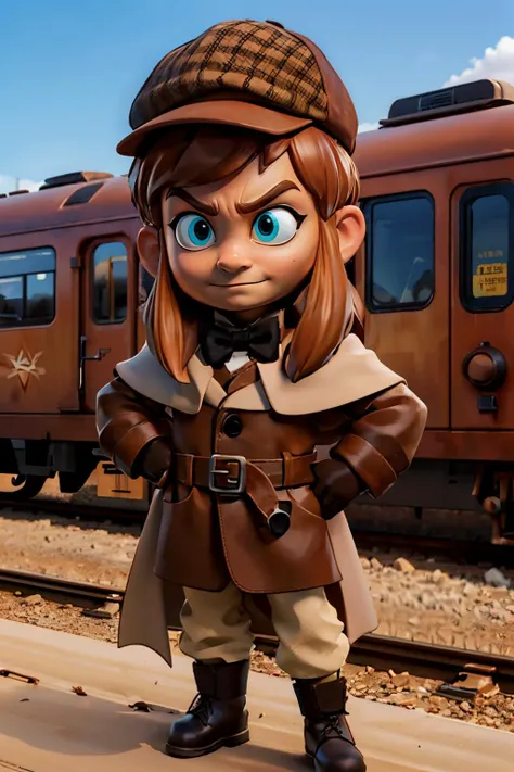 hkdet, detective, deerstalker, brown cape, black footwear, brown gloves, black belt, brown bowtie, looking at viewer, serious, smirk, full body shot, standing, outside, train station, blue sky, desert, high quality, masterpiece, <lora:Hat-10:.8>