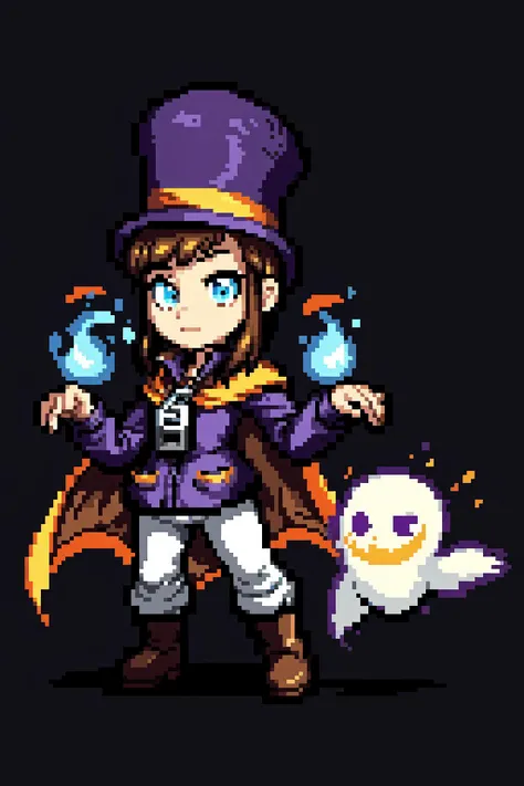 thick outlines, comics, photorealistic, perfect hands, masterpiece:1.2, colorful, 1girl, solo, <lora:Hat:0.7>, hkdef, purple dress, white pants, brown boots, top hat, yellow cape, zipper pull tab, detailed background, night, dark, halloween, ghost, black trees, mist, shadows, manor, mushrooms, pumpkins, ghosts, blue background, detailed face, detailed eyes, <lora:add_detail:0.7>