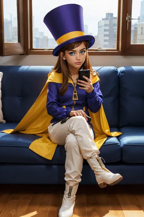 hkdef, blue eyes, brown hair, purple dress, white pants, boots, top hat, yellow cape, zipper, looking at viewer, serious, sitting, on sofa, holding a cellphone, window, cityscape, high quality, masterpiece, <lora:Hat-10:.6>