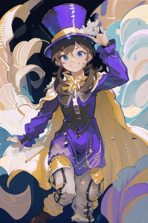 smile, purple outfit, dress, top hat, pants, cape, blue eyes, brown hair, zipper, night, medium breasts <lora:HatKidLora:1> (AS-Adult:1.2), masterpiece, best quality, detailed,
