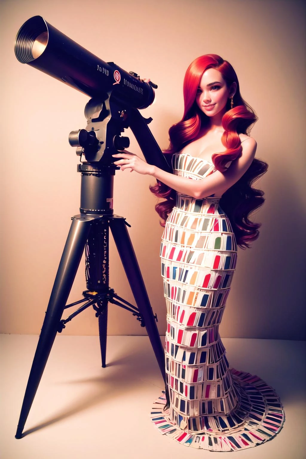 <lora:unobywrench-000009:1>, unobywrench, 1girl, solo, light smile, gown, long hair, red hair, church, <lora:tow-concept-richy-v2:1>, towlauncher, tripod, scope,