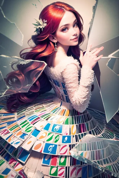 <lora:unobywrench-000009:1>, unobywrench, 1girl, solo, light smile, gown, long hair, red hair, church, <lora:BrokenGlass:0.7>, IncrsBrknGls, broken glass, reflection,