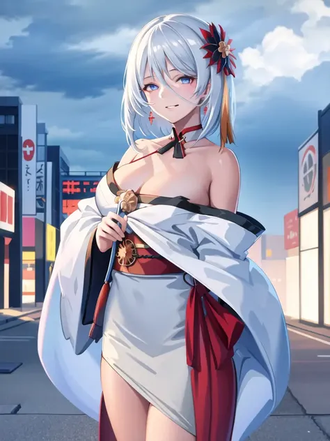 1girl, Tirpitz a woman with a flower in her hair, wearing SPFFKIMONO standing in front of a building, off shoulder, parted lips, red eyes, sidelocks, skindentation, smile, solo, SFW, detailed eyes, beautiful face (masterpiece:1.4),(best quality:1.4),(shiny skin),realistic, detailed eyes, , dynamic pose, body focus, cowboy shot (((masterpiece))), (((best quality))), illustration, artstation, <lora:tirpitzV1-Free Beta:0.8>