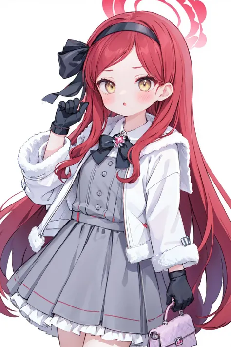 <lora:takane1:1> takane, 1girl, solo, gloves, holding bag, looking at viewer, white background, fur trim, halo, blush, simple background, holding, black bow, bag, bow, long sleeves, bowtie, jacket, coat, :o, ribbon, parted lips, black ribbon, black bowtie, hand up, cowboy shot, skirt, collared shirt, dress, white jacket, white coat, shirt, hairband