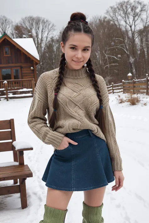 St Patrick's Day, <lora:Wolvie_l30nam1a_v2.6:1>, l30nam1a, 1girl, solo, makeup, realistic, smile, Cable-knit Aran sweater with a denim skirt and ankle boots, braided ponytail hair, with a snow-covered landscape in the background, hovering hummingbird in the foreground, masterpiece, best quality, high resolution, perfect composition, realistic proportions, ultra sharp, perfect shadows, highly detailed, photorealistic, high realism