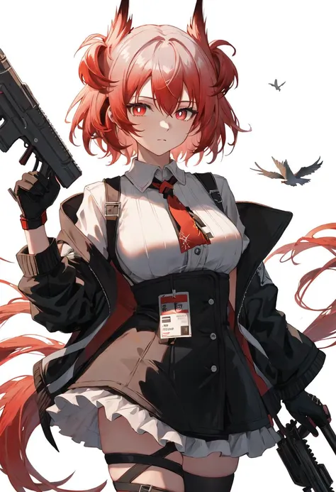 best quality, masterpiece, highres, solo, {fiammetta_arknights:0.90}, 1girl, black_gloves, black_jacket, black_skirt, holding_gun, looking_at_viewer, open_jacket, red_necktie, simple_background, white_background, white_shirt, bird_tail, collared_shirt, high-waist_skirt, cowboy_shot, thigh_strap, off_shoulder, dual_wielding, frilled_skirt, id_card