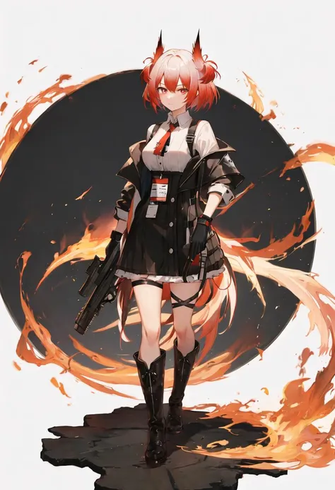1girl, fiammetta_\(arknights\), red_eyes, short_hair, white_shirt, red_hair, red_necktie, black_jacket, collared_shirt, open_jacket, black_skirt, bird_ears, black_gloves, hair_between_eyes, grey background, <lora:GachaAzurLaneXLP6lokrV4236T3:1>, <lora:arknight_all_v2:1>, <lora:artist_TK31_for_Pony:1>,