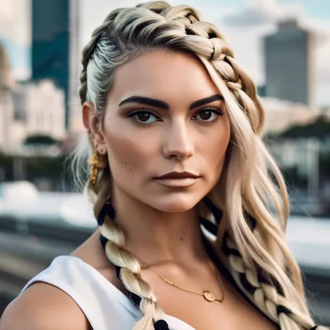 (Skin Texture, pores, natural,iPhone,RAW), natural lighting, Highest Quality (closeup) Portrait photo of a woman with long braided platinum blonde hair, Nikon Z9, realistic matte skin, blurry city in the background, 8K, ((looking straight at the camera)), , kyxsantoro, <lora:kyrsantoro_juggerX_xl_1_st_wocap_merger_28_50_92-02_03_05-kyxsantoro:1>