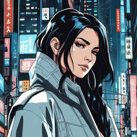 ((90s Anime style illustrattion)) drawing of a closeup on face of woman wearing a long matrix coat,futuristic city in the background, akira, 2D, , kyxsantoro, <lora:kyrsantoro_juggerX_xl_1_st_wocap_merger_28_50_92-02_03_05-kyxsantoro:1>