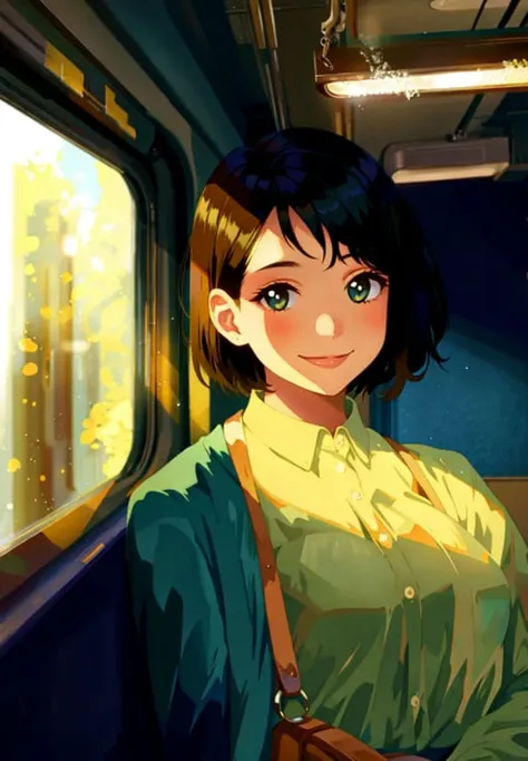 atmospheric lighting, young woman in a train, looking at viewer, light smile
<lora:anime_extract:1>