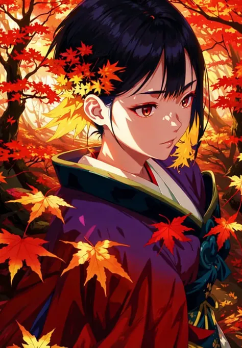 atmospheric lighting, close-up, abstract and colorful anime concept, young woman walking through a thick forest in autumn, samurai clothing, caustics, sunbeam, high fantasy
<lora:anime_extract:1>