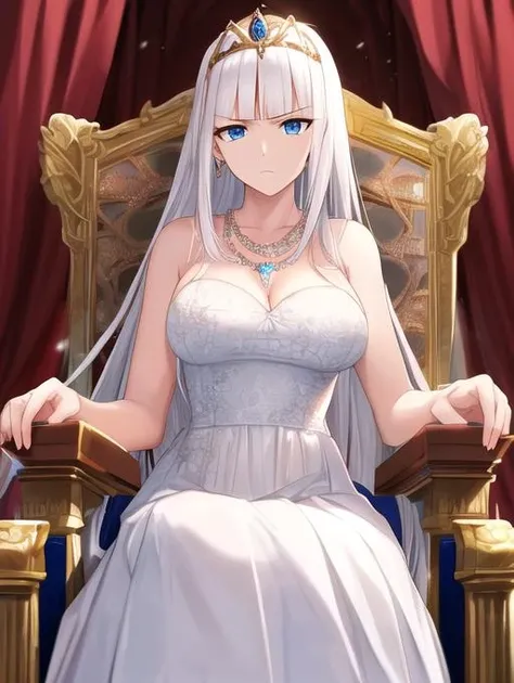 best quality, masterpiece, highres, detailed, perfect anatomy,  <lora:Detail - add_detail:0.2>, mylene, blunt bangs, white hair, mature female, blue eyes, white dress, throne, angry, queen, tiara, necklace, lora:MyleneRH-10:0.8>,