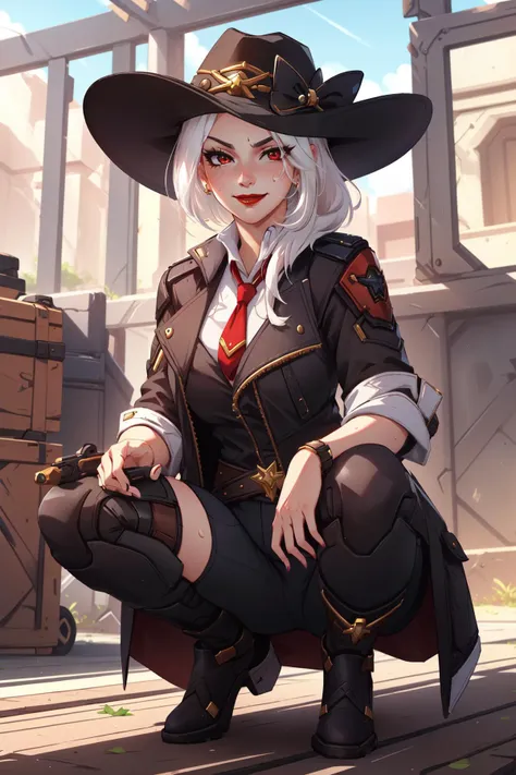 (masterpiece, best quality),  intricate details,
1girl,     <lora:AsheOver:0.6> AsheOver, white hair, red eyes,  smirk, smug,  black cowboy hat, red lipstick, ashe \(overwatch\), 
sweating,  squatting,