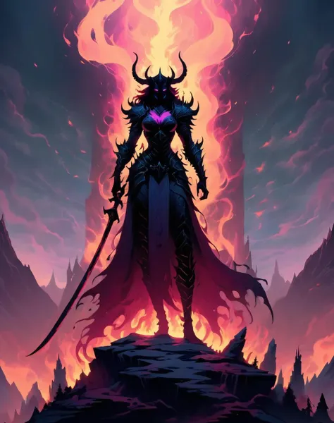 <lora:Shadow_Style_XL:1> shadow silhouette, 8K, HD, gloomy colors, dark aura, horror, cartoon style, flat, fire demon, oracle, mountain summit, epic fantasy realm with a powerful female warrior standing atop a mountain, surrounded by swirling auroras and mythical creatures, emanating strength and beauty