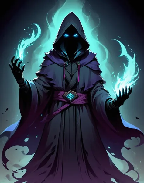 <lora:Shadow_Style_XL:0.8> shadow, 8K,, HD, gloomy colors, dark aura, horror, summoner, wearing robe with a hood, cartoon style, flat