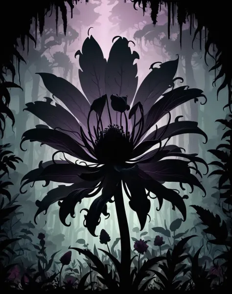<lora:Shadow_Style_XL:1> shadow silhouette of a flower, 8K, cloud forest, HD, cartoon style, flat, gloomy colors, dark aura, horror