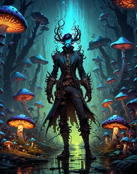 <lora:Shadow_Style_XL:1> shadow silhouette, 8K, HD, gloomy colors, dark aura, horror, cartoon style, flat, stone demon, brawler, in a steampunk city, mesmer bioluminescent elf BREAK bioluminescence forest at night, floating particles of light, colorful mushrooms and vegetation