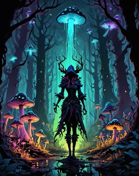 <lora:Shadow_Style_XL:1> shadow silhouette, 8K, HD, gloomy colors, dark aura, horror, cartoon style, flat, poison faerie, alchemist, outside some temple ruins, mesmer bioluminescent elf BREAK bioluminescence forest at night, floating particles of light, colorful mushrooms and vegetation