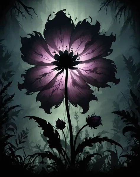 <lora:Shadow_Style_XL:1> shadow silhouette of a flower, 8K, cloud forest, HD, cartoon style, flat, gloomy colors, dark aura, horror