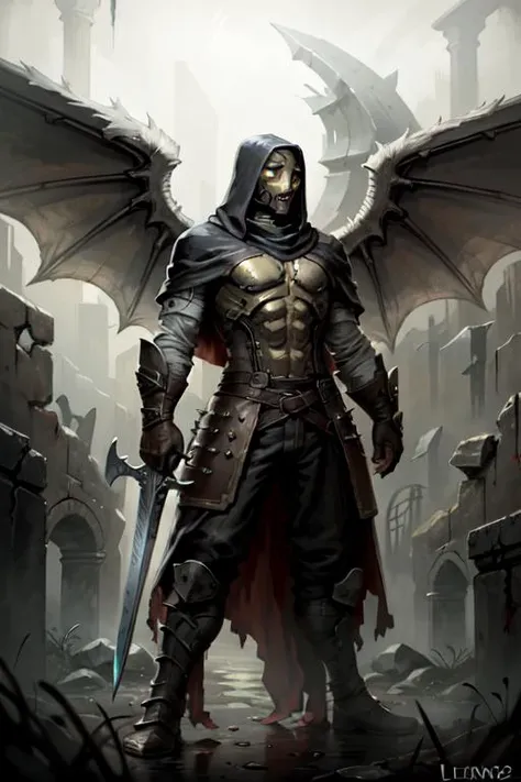 <lora:DarkestDungeon_LeperV1.0-000014:.75> LeperDD2 complex background, ruins, extreme details, shiny, wings