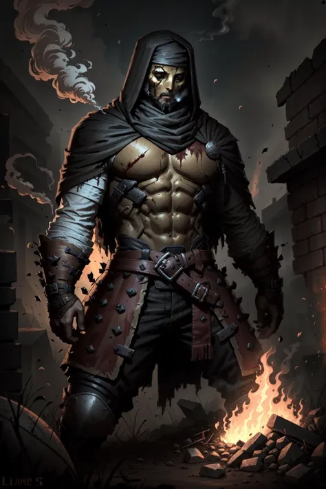 <lora:DarkestDungeon_LeperV1.0-000014:.75> LeperDD2 combat, blood, dirty, ruins, smoke