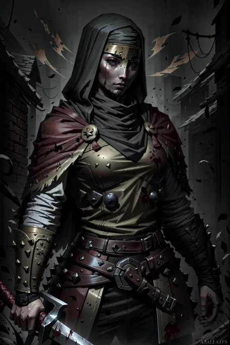 <lora:DarkestDungeon_LeperV1.0-000014:.75> LeperDD2 sword, blood, scars AND woman, assassin