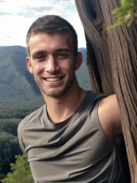 person,
a photo of a 24 year old  1boy man,
hard body, (crew cut hair), (short hair), smiling,
wearing grey sweatpants,
outdoors, relaxing on a stump, near a deep ravine,
male focus, portrait, face,
camera raw photo, extremely realistic, detailed, highres,
filmic, best high quality, cinematic, soft light, absurdres,
intricate details, masterpiece, best quality, high resolution,
photorealistic, hires, ultra detailed, high quality photography,
rich details, real, high resolution, extremely high quality,
detailed background, excellent details and textures, highly detailed,
ultra-detailed, high resolution, detailed skin,
detailed eyes, 8k UHD, high quality, intricate, sharp focus,
natural lighting, RTX, professionally color graded, professional photography,
masterpiece, high quality, best quality, 4k, 8k, raw, hyperdetailed,  insanely <lora:MichaelBattista-DocStasis:1>